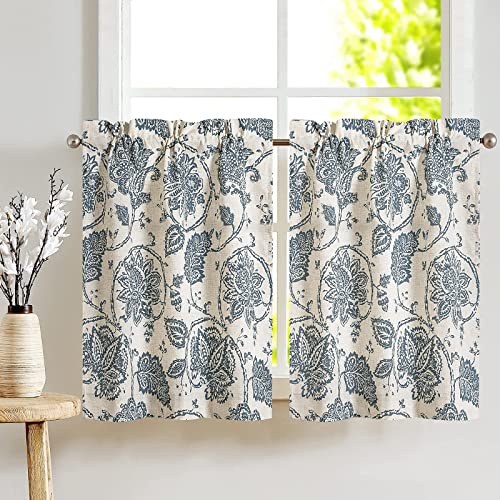 TOPICK Lot de 2 Rideaux Cuisine Imprimé Floral Liane Lin Bleu Vintage de Style Rustique Brise-Bise Petit Décoration de Fenêtre Café Salon Chambre 65 x 60cm (L x H)