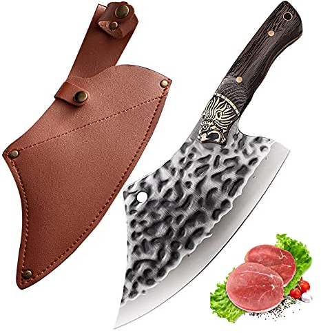 Fubinaty Couteau couperet japonais Couteau de chef forgé à la main Couteaux de cuisine en acier à haute teneur en carbone avec gaine en cuir et manche en bois pleine soie pour restaurant à la maison