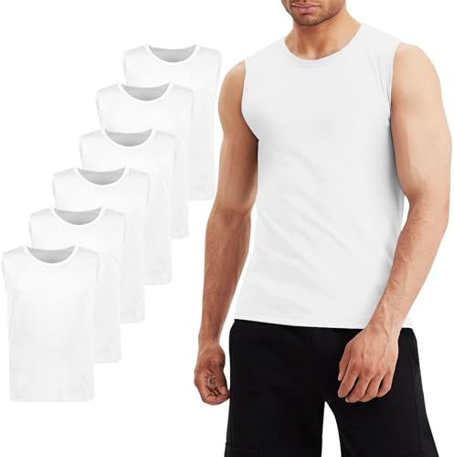 LiKing Pacco da 6 Canotta Uomo,100% Cotone,Tank Top Sportive Allenamento Canotte Elasticizzato Stringer Vest,Senza Maniche,con Scollo Rotondo,Casual Canotte estive Smanicato Uomo Bianco L