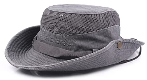 KeepSa Herr Solhatt Bomull Bucket Hat Boonie Hat, Grå, 55-58 | Justerbar dragsko, andningsbara detaljer, två storlekar, perfekt för vandring, fiske och resor