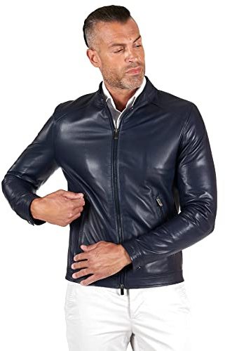 D'Arienzo Giacca Pelle Blu Uomo Giubbotto Moto Giubbino Biker Vera Pelle Made in Italy Ted 54/Blu