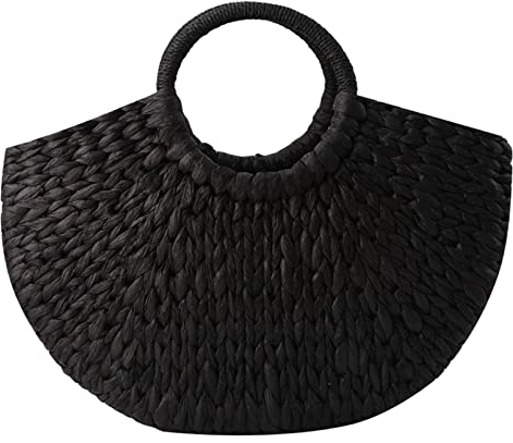 JUNYY Sommer Strand Runde Eimer Tragetasche Für Frauen Geflochtene Strohtasche Handgemachte Böhmische Rattan Handtasche(Schwarz)