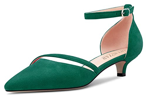 HEUIVZAR Femmes Talon Heel Escarpins Pointu Bout Kitten Bas Talon Heel Lanières Cheville Sandales Suède Dress Chaussures Mariée Emeraude Vert 3.5 CM 39 EU