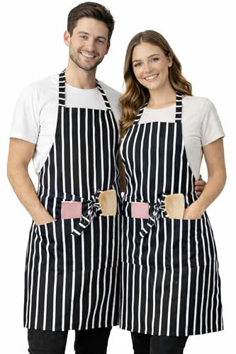 IBEX Polycotton randig slaktare förkläden, professionellt hem köksförkläde för kock, slaktare, matlagning, catering, bakning, Svart/vit (med ficka), en storlek