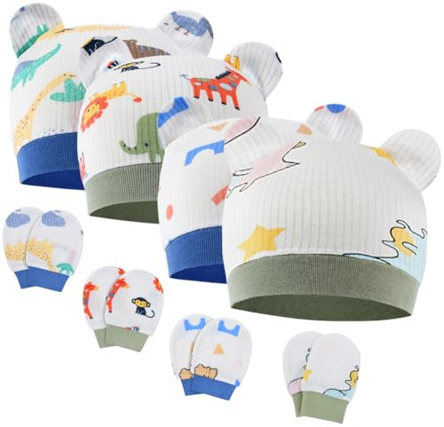 Aolso Gorros y Guantes para Bebés,4 Juegos de Sombreros y Guantes de Bebé,Juego de Sombreros y Manoplas de Algodón para Bebés Niñas Niños,Gorros Beanie para Bebé Recién Nacidos