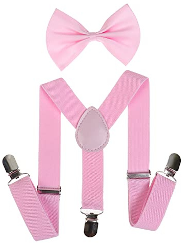 NiceYnn Kids Braces Bow Tie Set Elastic 60cm Y-Back Clip On Suspenders | 2.5cm Wide Stretch Adjustable Suspenders, Pre-Tied Bowties for 1-9 years olds Boys Girls Wedding Party Fancy Dress up Formal