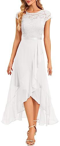 Bbonlinedress Weißes Kleid lang Winter elegant Damen Rundhals Spitze Chiffon Vokuhila Abendkleider Hochzeit Party Abschlusskleid lang Ballkleid White XL