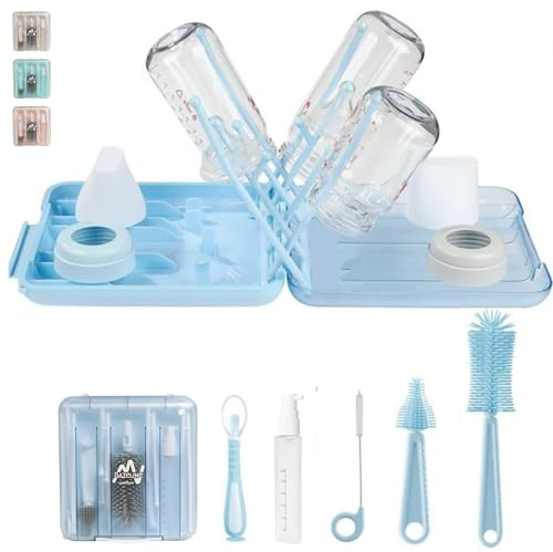 BAZELINE CREATIONS 7-in-1 Babyflaschen Reinigungsset: Flaschenbürste, Saugerbürste, Strohbürste, Seifenspender, Löffel, Trockenständer Babyflaschen, Aufbewahrungsbox – Reise Essentials (Blau)