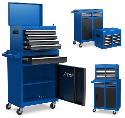 GOPLUS 2 in 1 Werkzeugschrank aus Metall, Kombinierter Rollschrank mit tragbarem Werkzeugkasten, Mobiler Werkstattwagen mit 5 Schubladen & Antirutschmatten, für Werkstatt & Haushalt (Blau)