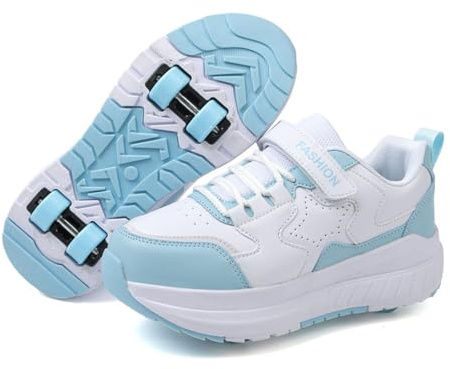 Hiseng Chaussures Roller Fille et Garçon, Basket Roller pour Enfant, Chaussures à Roulette Garçon Fille Garçons, Roues Basket à Roulette Adolescents pour Extérieur, Rose Bleu Ciel Noir 31-40EU