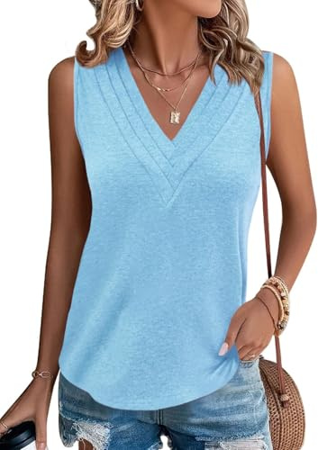 Cicy Bell Donna Canotta V-Collo Top Basic Elegante Estivo Senza Maniche Top Casual Canotta Sciolta Cami Bluse, Azzurro, XXL