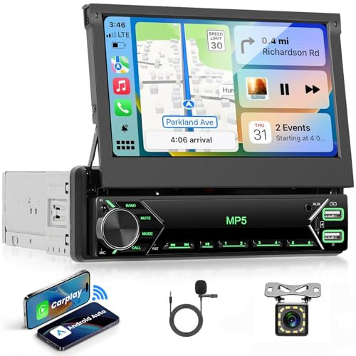 VECHTEL Autoradio 1 Din DAB+ con Carplay Android Auto senza Fili, 7 Pollici IPS HD Ribaltamento Manuale Schermo Tattile Stereo Auto Bluetooth Supporto Mirror Link FM 2 USB/Tipo-C Telecamera