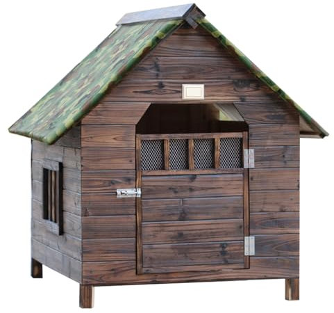 Caseta exterior de madera aislada para perros pequeños, medianos y grandes, resistente a la intemperie, fácil de montar, fácil de limpiar con ventanas y puertas (marrón, 69 x 66 x 68 cm)