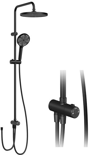 Regendusche ohne Armatur, Duschsystem mit Duschkopf Duschgarnitur Edelstahl Duschsäule Überkopfbrause set Kopfbrause Rund 25cm Schwarz