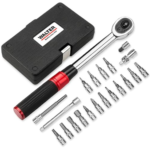 WALTER Fahrrad Drehmomentschlüssel Set 2–24 Nm – 21-tlg. Werkzeugset Ratsche mit Bits, 1/4 Umschaltknarre – sicheres Drehmoment Werkzeug für MTB, E-Bike, Rennrad, Scooter
