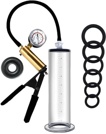 Pompa pene per ingrandimento manuale con manometro e impugnatura in metallo include 6 anelli pene in silicone sex toys per uomo (5.1cm)