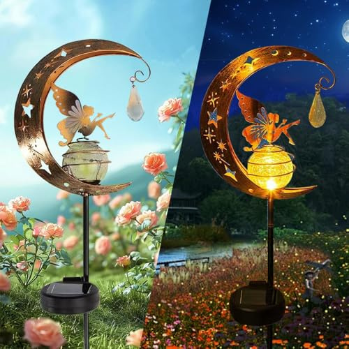 YZYOE Lampe solaire en forme de lune et fleur en cristal, décoration de jardin, belle fée en cristal, lumière LED sans fil du crépuscule à l'aube étanche