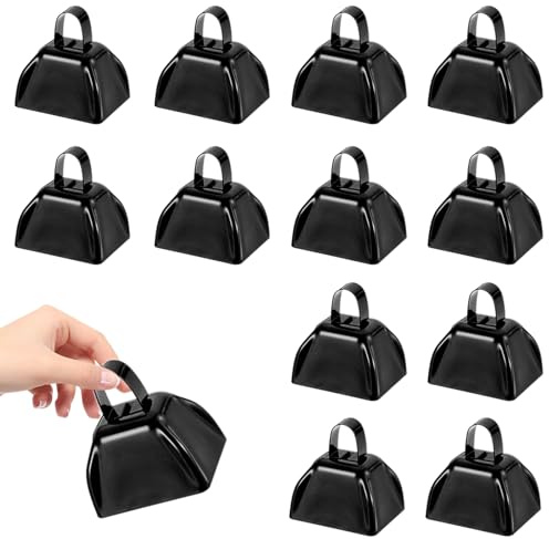 HEYLEAYAR 3Inch Cowbells for Sporting Events,12Pcs Metal Cow Bells Bulk Loud Noise Makers Cow Bell with Handle for Cheering Football Games Spirit Marathon Weddings Party Noisemakers, Black