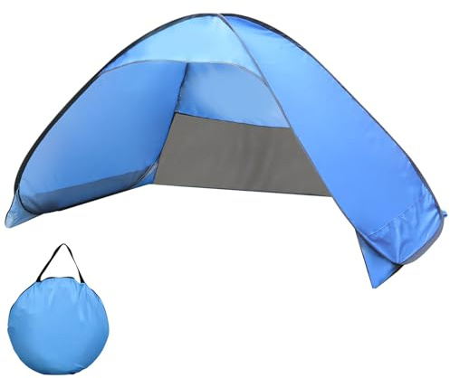 Strandmuschel Pop Up 3-4 Personen, Strandzelt Sonnenschutz Strand mit 50+ UV Schutz, Automatisches Tragbarer Wurfzelt mit Tragetasche und Heringe für Familie Camping Garten Strand (Blau Groß)