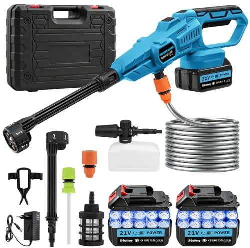 Viugreum Limpiador a Presión Inalámbrico 6 en 1 con 2*3.0Ah Baterías, Limpiador de Alta Presión Portátil de 21V, 120 bar/3,4 GPM, 3 Velocidades, Boquilla, Manguera de 5m, Cargador para Coche, Jardín