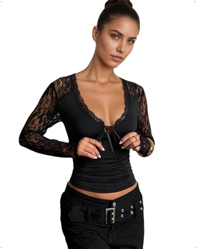 EMOTTOS Top Sexy da Donna con Scollo a V Profondo in Pizzo, Top Slim Fit con Lacci sul Davanti in Stile Y2K, Maglietta a Maniche Lunghe in Rete per Uscire la Sera o Andare, Nero, Taglie S