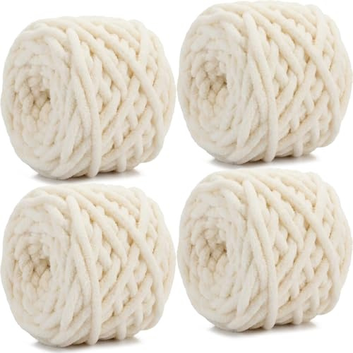 Xtrillogen Chunky Chenille-garn 4 x 100 g, mjukt fluffigt flerfärgat plyschull för virkning och stickning, mjukt tjockt chunkigt garn, virkgarn för filtar, hattar, kuddar (mjölkvvitt)