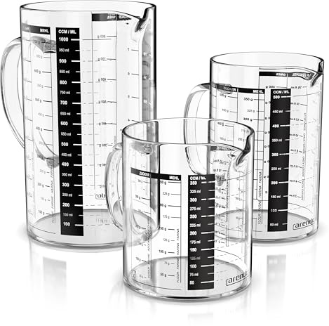 Arendo - Messbecher aus Glas – Set 1000ml 500ml 350ml (0,35l 0,5l 1l) - Borosilikatglas – Ausguss – 1000 ml mit Henkel – Mikrowellen geeignet