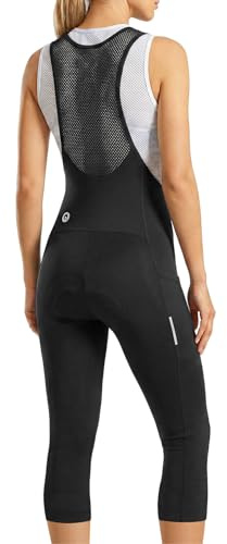 qualidyne Women's 3/4 Cycling Bib Tights, Padded Bike Capri Pants with Side Pockets, Mesh Straps, Silicone Grippers Black