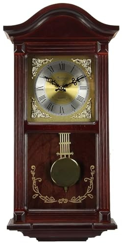 Bedford Clock Collection BED1423MAH Small Wood Wall Clock with Brass Pendulum and 4 Chimes, 22 Inch, Mahogany Cherry Oak