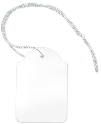 Pokornys – 100 Preisetiketten mit Faden (36x53 mm) für Kleidung, Schmuck, Accessoires uvm. – Preisschilder aus Karton mit Baumwollfaden – geeignet als Hängeetikett, Schmucketikett & Geschenkanhänger