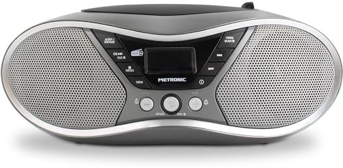 METRONIC 477171 Lecteur CD MP3 numérique DAB+ et FM RDS avec port USB, entrée audio, sortie casque, fonction double alarme - Gris et Noir
