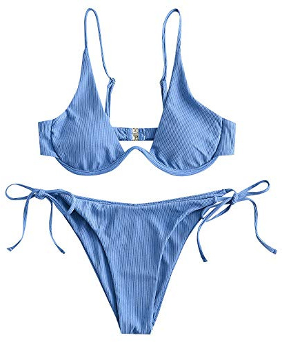 ZAFUL Damen Zweiteiliger Bügel Bikini-Set, Leopardenmuster Criss Cross Push Up High-Cut Gepolsterte Bikini Badeanzug (A-Blau,L)