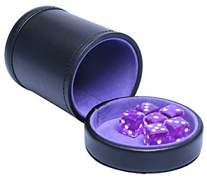 RERIVER PU Leather Dice Cup with Lid, Purple Velvet Interior Quiet Dice Shaker Cup Including 6 Purple Translucent Dice for Liars Dice/ Farkle/ Yahtzee Games, 1 Pack
