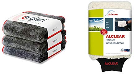 Glart 443TP Premium Flausch 3er Set Mikrofasertücher, ultraweich für perfekte Lackpflege, anthrazit, 40 x 40 cm, rote Kante & ALCLEAR Mikrofaser Handschuh zum Auto waschen mit Shampoo