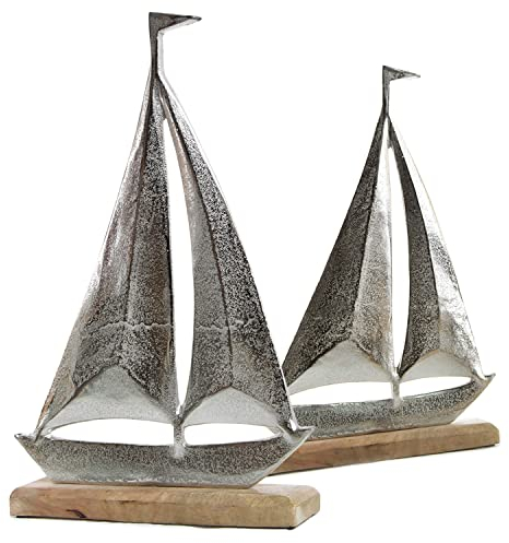 Logbuch-Verlag maritimes Deko Set 2 Segelschiffe aus Metall & Holz Segelboot Figuren Geschenk silberfarben Geschenkidee Segler