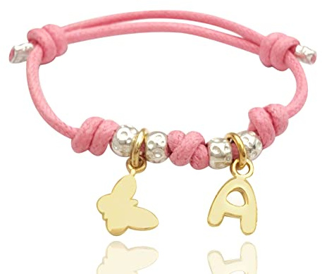 bracciale cordino rosa con ciondoli farfalla e lettera iniziale nome, in argento 925. Regalo bambina per nascita, battesimo, primi compleanni, comunione