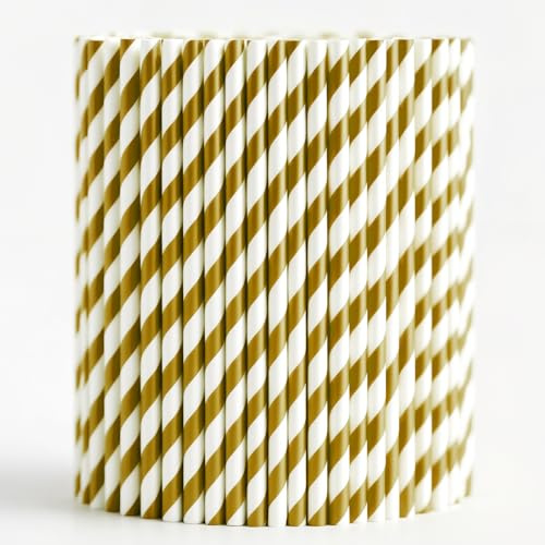 Trimming Shop Striped Paper Drinking Straws – 100% Compostable, Sturdy & Non-Soggy – Food-Safe Ink, Eco-Consious, Multi-Layered, Gold & White, 100 Pack
