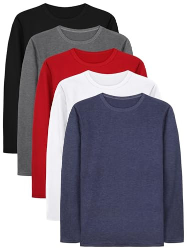 Cooraby 5 Pack Boys Long Sleeve Tees Boys' Long Sleeve Crewneck T-Shirts Kids Long Sleeve Soft T-Shirts Top, Black, Grey, Dark Blue, Red, White, 11-12 Years