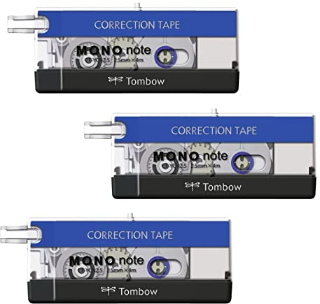 TOMBOW Korrekturroller, Mono-Note, blau/transparent/schwarz, 2,5 mm x 4 m, 3 Stück