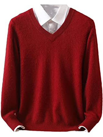 Vogrtcc Maglione da Uomo in Cashmere con Scollo a V, Pullover in Lana, Maglione di Taglia Grande, Maglioni da Inverno a Maniche Lunghe, Borgogna, XL