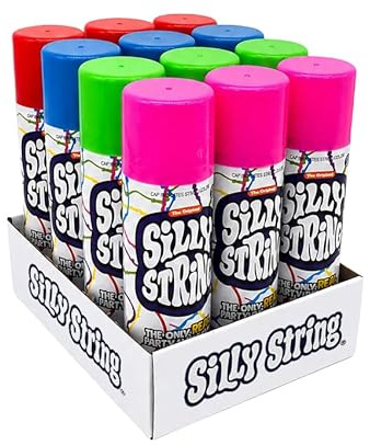 The Original Silly String! Silly String Party Pack, 12 pack, Assorted Colors, 3oz Large Can The Only REAL Party in a Can! Be Silly! Shoots over 15ft!