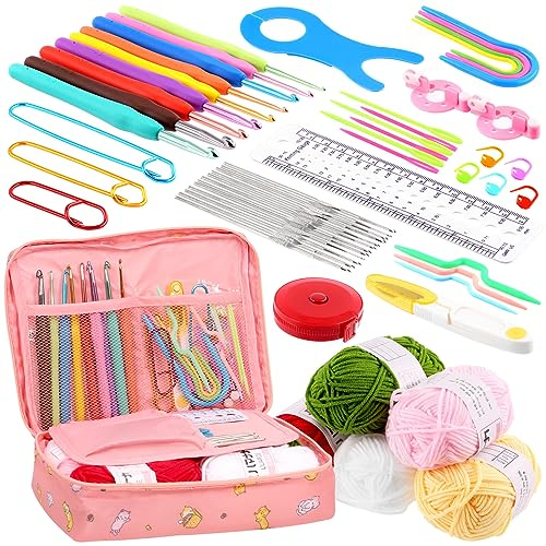 Swpeet Lot de 59 Crochets Portables Ergonomiques pour Débutants, Adultes et Enfants - Inclut Petits Crochets, Fil à Crochet, Aiguilles à Câble