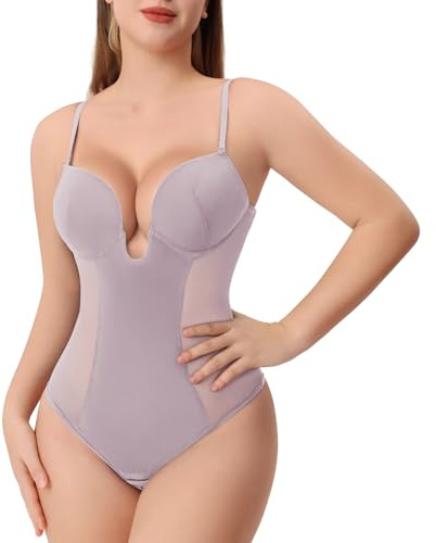 Slimers Thong Shapewear for Women Tummy Control Low Back U Plunge Backless Body Shaper Bra Faja with Open Crotch Bodysuit（Pink L