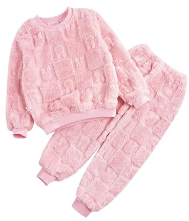 inhzoy Ensemble Pyjama en Flanelle Chaud pour Enfant Fille Garçon Haut Col Rond & Pantalon Vêtement d'intérieur Maison Nuit Polaire Epais Hiver Chaud 12 Mois-14 Ans A Rose 5-6 Ans