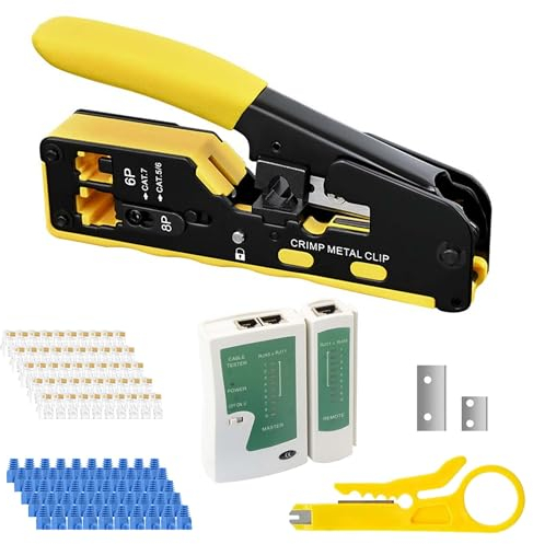 RJ45 Crimpzange Set Netzwerk Werkzeug: Profi Ethernet Crimpzange Netzwerkstecker Presszange für CAT5/CAT6/CAT7 Lan Stecker Pass Through RJ45 Stecker