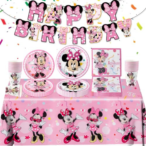 Pappteller Kindergeburtstag Geschirr Party Deko Mädchen-52PCS Rosa Mini Mouse Pappteller Tischdecke Happy Birthday Banner Geburtstagsdeko Teller Servietten Tassen Birthday Party Tableware Supplies Kit