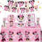Pappteller Kindergeburtstag Geschirr Party Deko Mädchen-52PCS Rosa Mini Mouse Pappteller Tischdecke Happy Birthday Banner Geburtstagsdeko Teller Servietten Tassen Birthday Party Tableware Supplies Kit