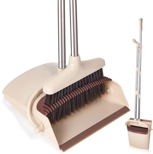 XXFLOWER Long Handle Dustpan and Brush Sets, Broom and Dustpan Set with Comb Teeth, Sweeping Brush Set Tall for Indoor Kitchen Floor Sweeping Pet Dog Hair, Household Cleaning Supplies (Beige Brown)