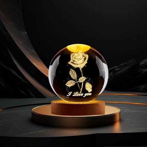 TINGMEIBESTLY 3D Crystal Ball Night Light,80MM Animals Glass Ball Night Lamp with Woodern Base,Decorations Gifts for Men,Women,Kids,Boys,Girls,Teens (Rose)