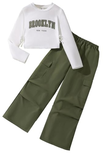 Tracksuit Set Kids Girls Long Sleeve Pullover Sweatshirt and Cargo Pants Outfits Sets for Girls Fashion Winter Spring Comfy School Casual Athletic Sport Streetwear Age 7-12 Years (Green, 9-10 Years)